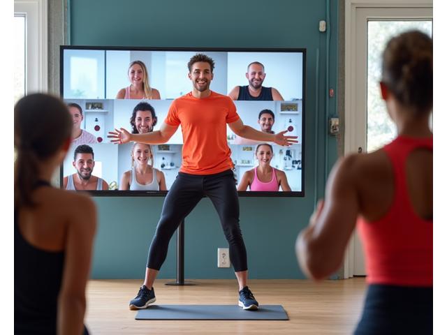A personal trainer leading a virtual fitness challenge, with participants shown in small video boxes, all appearing motivated and engaged.