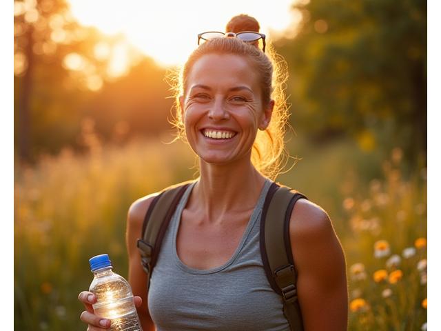 Eleanor, 58, smiling brightly with increased energy after a body transformation, holding a water bottle on a trail in Austin.