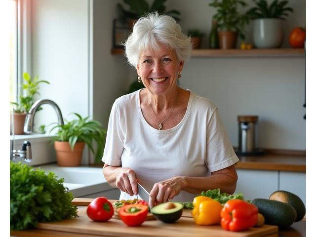 Martha, 62, vibrant and energetic, preparing a colorful, healthy meal in a modern kitchen.