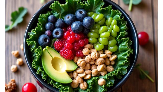 Vibrant bowl of fresh, healthy ingredients on a wooden table, emphasizing clean eating