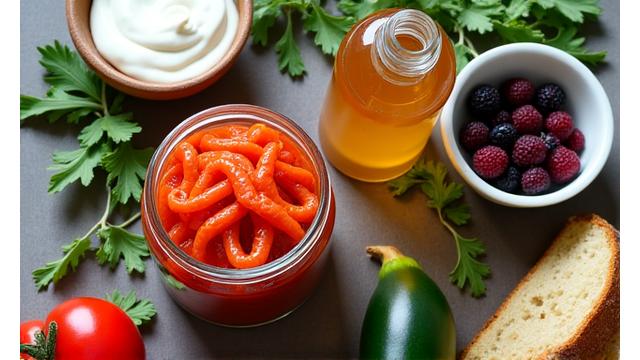 Diverse selection of fermented foods like kimchi, yogurt, and kombucha on a rustic table