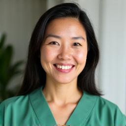 Dr. Maria Santos, a smiling registered dietitian with warm eyes and a friendly demeanor.