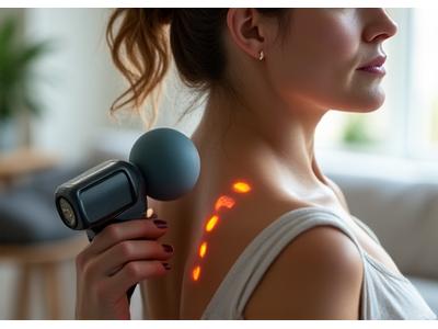 Person using a percussive massage device on their shoulder