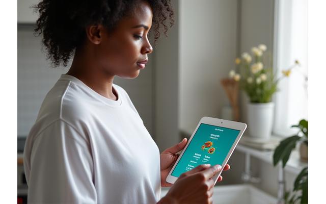 Woman 40s checking a digital health tracker, indicating metabolic optimization and balanced energy levels.