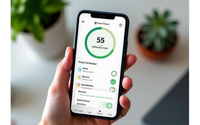 Mobile phone displaying a wellness app dashboard with progress charts and daily tasks.