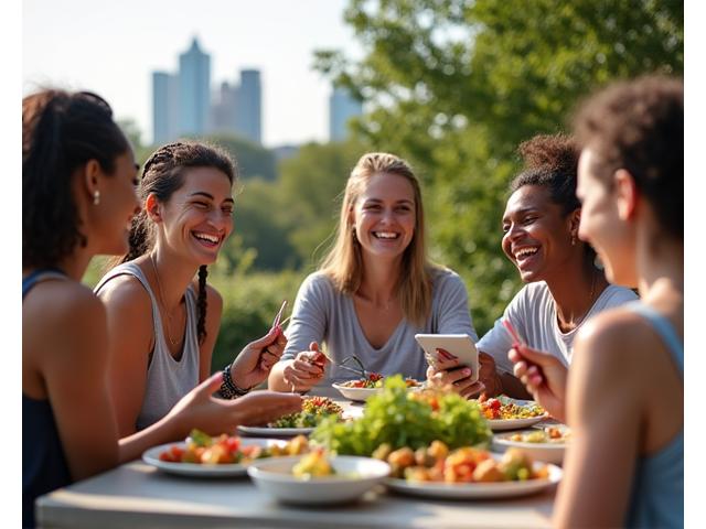 A diverse group of healthy, vibrant adults (35+) in Austin enjoying a fresh, locally sourced meal outdoors, a digital nutrition assessment interface overlaid subtly.