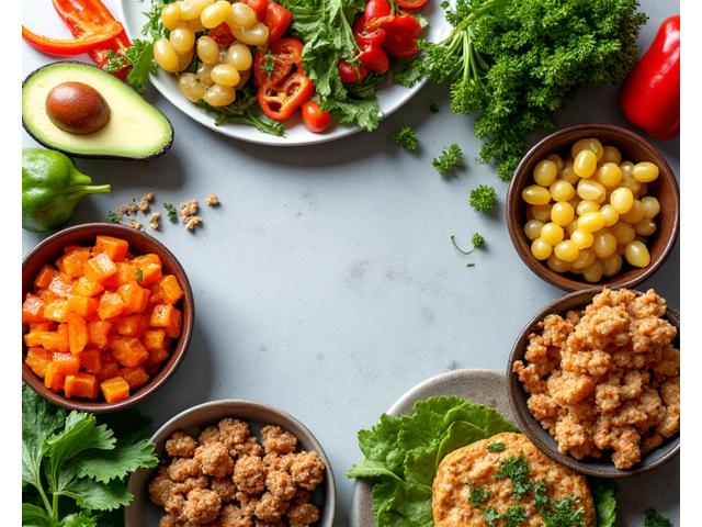 A vibrant collage of healthy, delicious meals arranged like a digital recipe gallery, with a calendar overlay for meal planning, featuring fresh Austin-sourced ingredients.