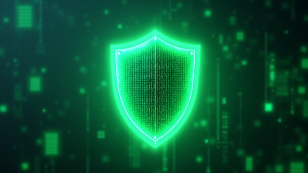 Abstract depiction of data security with a glowing shield protecting digital information streams.
