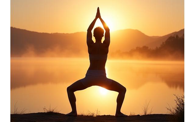 A person in a yoga pose by a tranquil lake at sunrise, representing deep inner peace and advanced stress mastery.