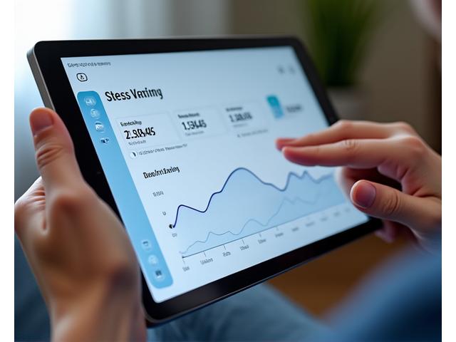 A sleek digital dashboard displaying stress tracking data with graphs for heart rate variability and sleep patterns, overlaid with personalized insights on a tablet, demonstrating smart analytics.