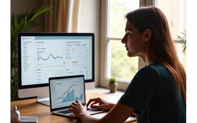 An individual responsibly managing finances on a laptop with a calm expression, suggesting peace of mind despite Austin's cost of living challenges.