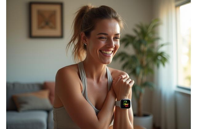 Woman aged 40-50 smiling, performing a low-impact exercise with a smartwatch clearly visible, overlayed with holographic fitness data visualizations.