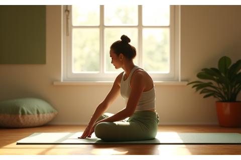 Person stretching on a yoga mat with soft, ambient lighting, emphasizing recovery and mindfulness.