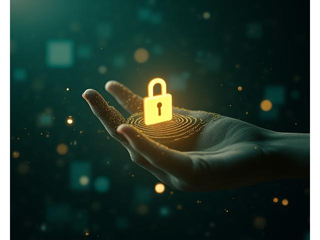 Digital lock icon overlaid on a biometric finger scan, symbolizing secure user accounts and data protection, with a clean, modern aesthetic.