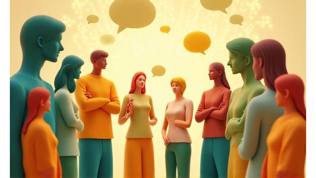 Diverse group of people engaging respectfully in a digital community forum, symbolized by glowing interconnected lines and speech bubbles, promoting positive interaction.