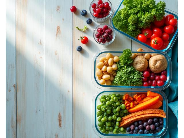 Vibrant, healthy meal prep containers arranged neatly, symbolizing nutrition and healthy aging.